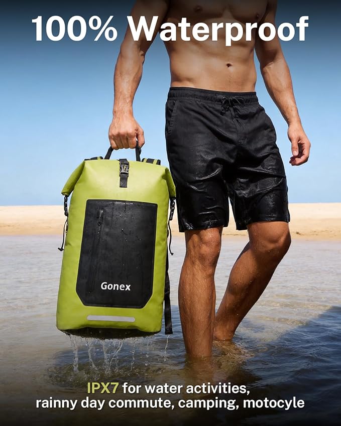 Gonex Ultralight Waterproof TPU Backpack, 55L Roll Top Dry Bag with Comfortable Padded Back Panel for Kayaking Boating Camping Fishing Travel,Green