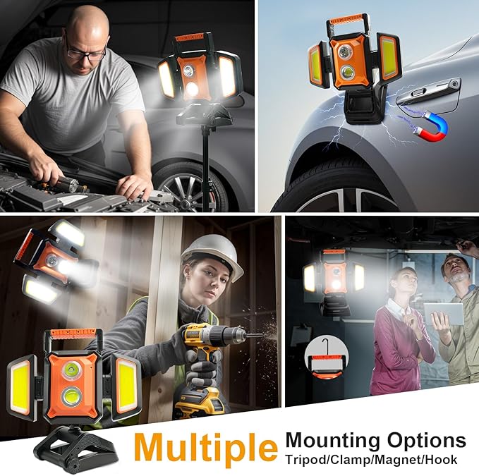 Tresda 4000LM LED Work Light Rechargeable with Clamp, 40W Magnetic Work Light Battery Powered with 5 Light Modes, 350° Rotation, Portable Job Site Lighting for Construction Site,Workshop,Car Repairing