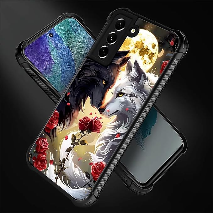 for Samsung Galaxy S21 FE Case, Black White Wolf Moon Flower Rose Pattern Graphic Design Girl Boy Soft Silicone Hard Acrylic Shock Protection for Samsung Galaxy S21 FE
