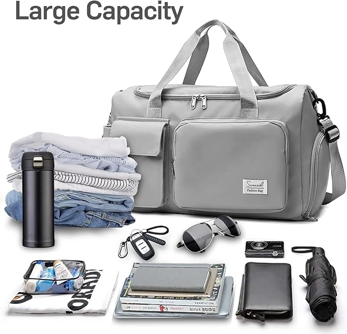 Suruid Sports Gym Duffel Bag with Shoes Compartment and Dry Wet Separated Pocket for Men and Women - Overnight Weekender Training Handbag Yoga Bag - Gray