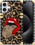 Compatible with iPhone 16 Plus Case, Brown Leopard Print Mouth Luxury Golden Decoration for Girl Women Soft TPU Shockproof Protective Hard PC Back for iPhone 16 Plus