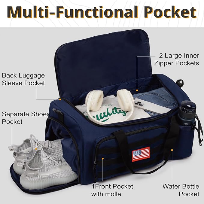 Tactical Gym Bag for Men, 60L Large Capacity Duffle Bags with Shoes Compartment, Sports Bag with wet compartment, Multi-functional Weekend Bags Suitable for Travel, Camping,hiking