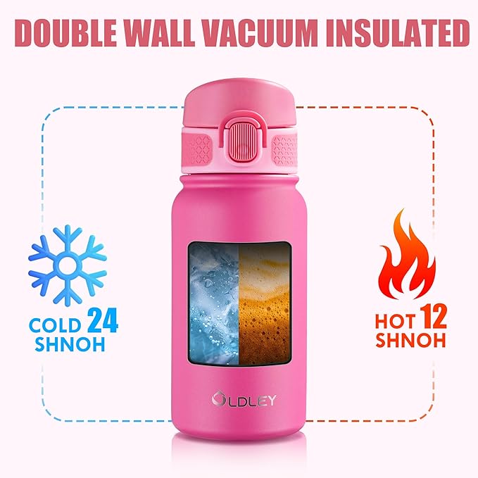OLDLEY 12oz kids Water Bottle, Stainless Steel Insulated Water Bottle For Kids, With Straws Leak-proof, Kids Water Bottles For School Boys Girls,Pink