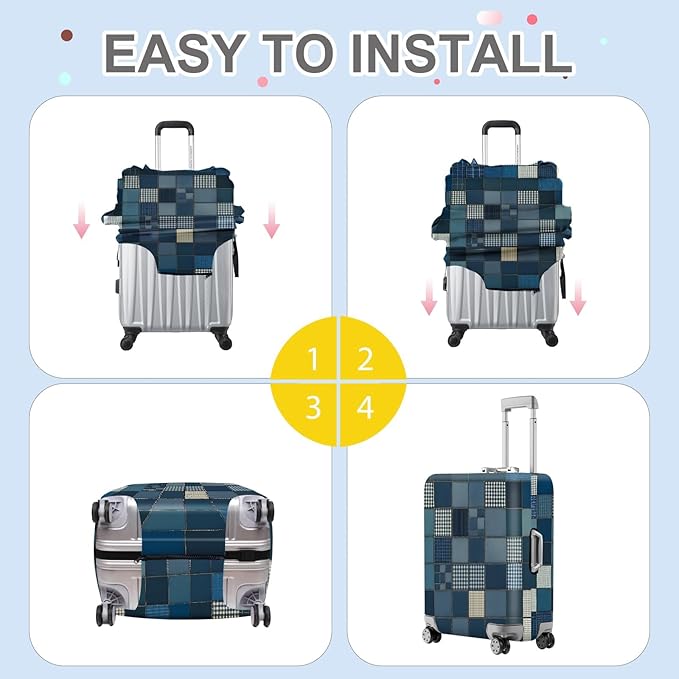 ANNA QUEEN Blue Patchwork Luggage Cover, Modern Grid Suitcase Protector, Stretchable Washable Cover for 20-22 Inch Luggage