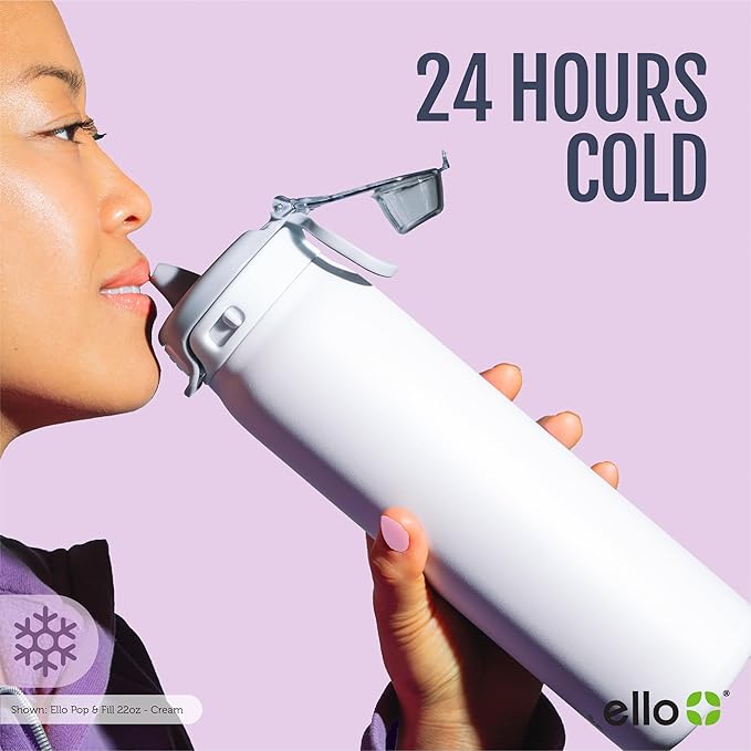 Ello Pop & Fill 32oz Stainless Steel Water Bottle with QuickFill Technology, Double Walled and Vacuum Insulated Metal, Leak Proof Locking Lid, Straw and Chug, Reusable, BPA Free, Blossom Bliss