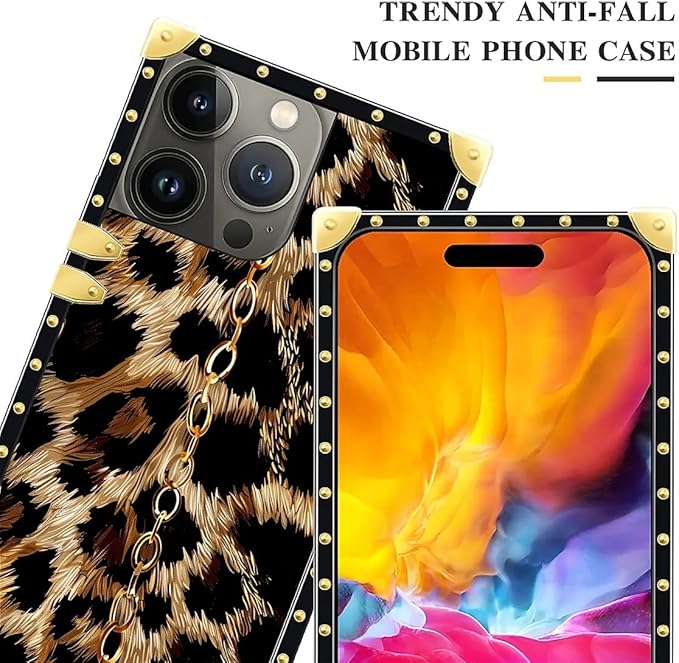 Compatible with iPhone 15 Pro Case, Seamless Gold Chain Leopard Luxury Golden Decoration for Girl Women Soft TPU Shockproof Protective Hard PC Back for iPhone 15 Pro