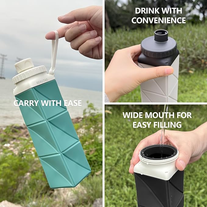 BEAUTAIL Collapsible Water Bottles, Silicone Foldable Water Bottle 610ml, Portable Lightweight Reusable Leakproof Bottle for Gym Travel Camping Hiking Sports Outdoor, 2 Pack, Black+Blue