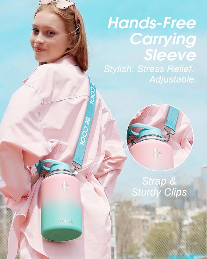 Coolflask Half Gallon Water Bottle with Strap, 64oz Insulated Water Jug Stainless Steel with Straw & Spout Lids, Metal Large Water Flask, Keep Cold 48h Hot 24h, Leak Proof, Non-BPA, Bubblegum Princess