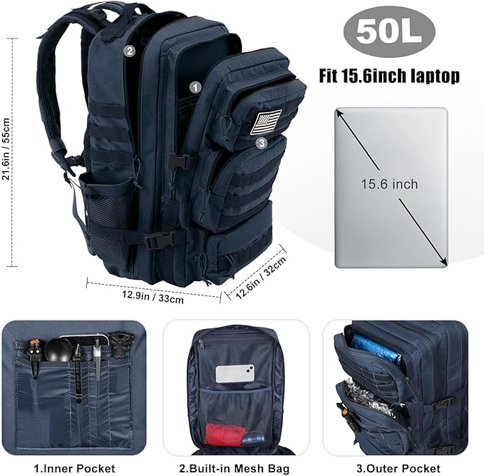 Military Tactical Backpack 50L Large Day Backpack for Men Molle Army 3 Days Assault Pack Bug Out Bag Water Resistant and Heavy Duty Hiking Treeking Rucksack - Dark Blue