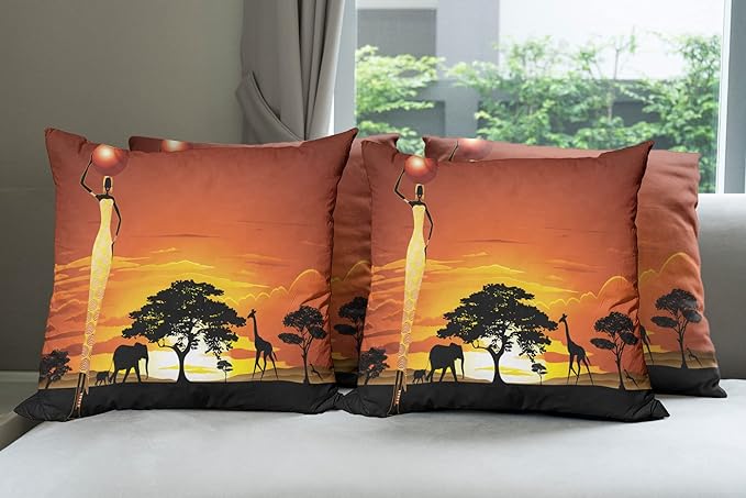 Ambesonne Elephant Throw Pillow Cushion Case Pack of 4, Woman and Wild Landscape with Animals, Modern Accent Double-Sided Digital Printing, 18", Orange Black