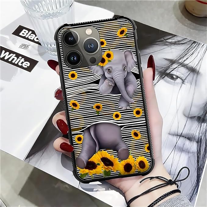 for iPhone 14 Pro Max Case, Cute Little Elephant Sunflower White Line Art Pattern Graphic Design Girl Boy Soft Silicone Hard Acrylic Shock Protection for iPhone 14 Pro Max