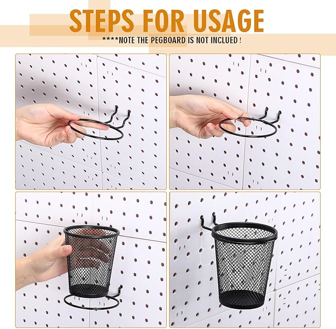 Spakon 6 Sets Pegboard Cups with Ring Hook, Peg Board Baskets Bin Holder Organizer Accessories Pegboard Pencil Cup Multipurpose Metal Pen Holder for Office Garage(Black,2.56x4.13x3.54'',Regular)
