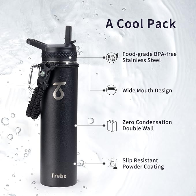 Trebo 24 oz Water Bottle Insulated with Lid and Straw,Triple Wall Vacuum Stainless Steel Metal Tumbler Sports Flask with Paracord Handle, Keep Hot 24 Hours & Cold 48 Hours Water Cup with 3 Lids, Black