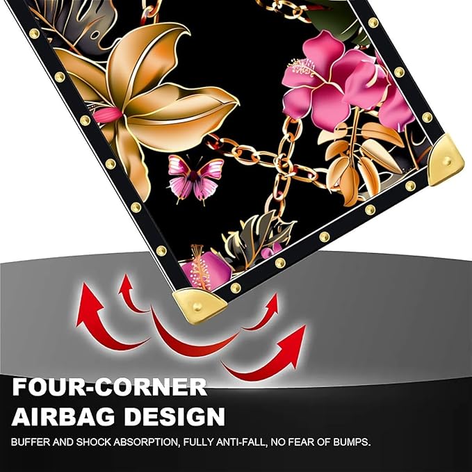 for iPhone 17 Case Luxury Golden Decoration for Girl Women Soft TPU Shockproof Protective Hard PC Back for iPhone 17 Crazy Pattern Pink Golden Chain Tropical Flower