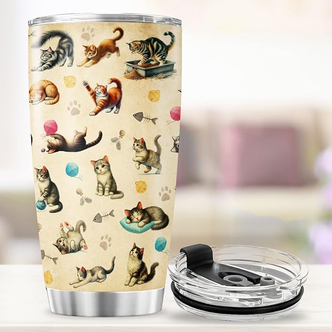 Cute Cat Pattern Travel Mug, 20oz Insulated Stainless Steel Tumbler for Cat Lovers, Double Wall Thermal Cup for Coffee, Tea, Water, and Outdoor Use