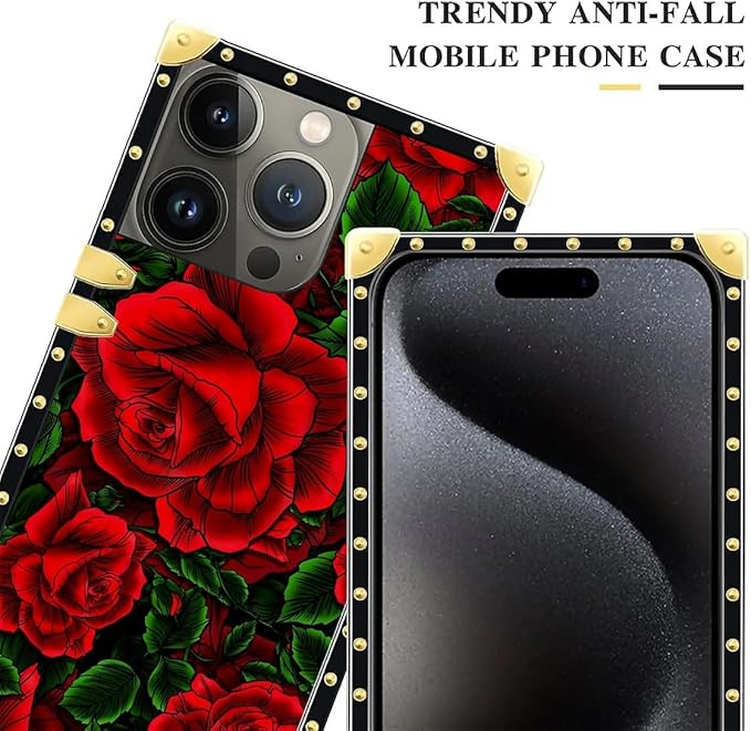 Compatible with iPhone 16 Pro Max Case, Vector Red Rose Green Leaf Luxury Golden Decoration for Girl Women Soft TPU Shockproof Protective Hard PC Back