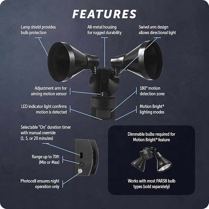 Globe Electric 17000140 180-Degree 240 W Twin Head Black Hardwired Motion Sensor Security Flood Light with MotionBright