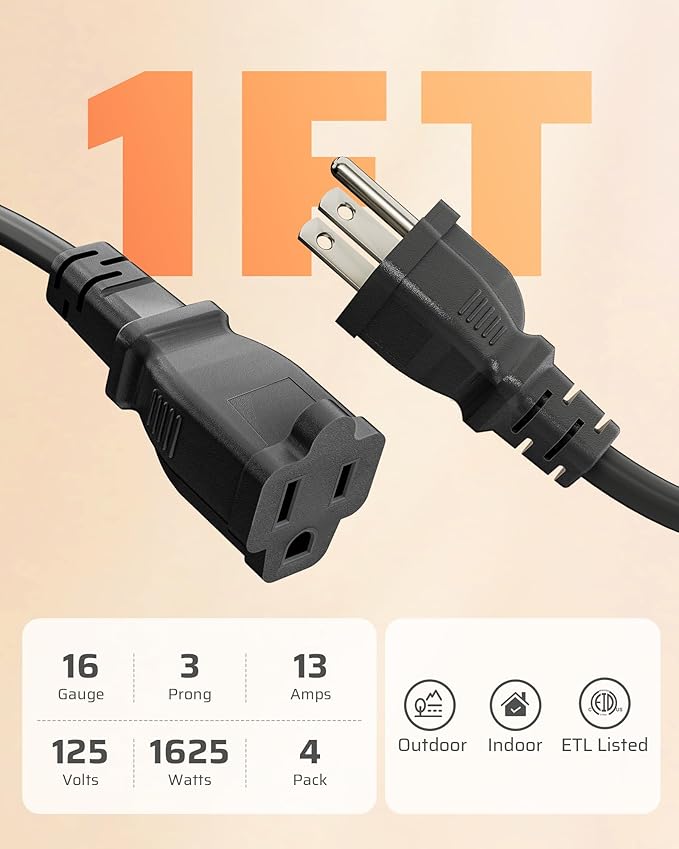 DEWENWILS Short Extension Cord, 1 Foot Power Cord, 16 AWG SJTW Weatherproof Extension Cable for Indoor Use, 3 Prong Grounded Outlets Plugs, NEMA 5-15P to NEMA 5-15R, Black, UL Listed,4 Pack
