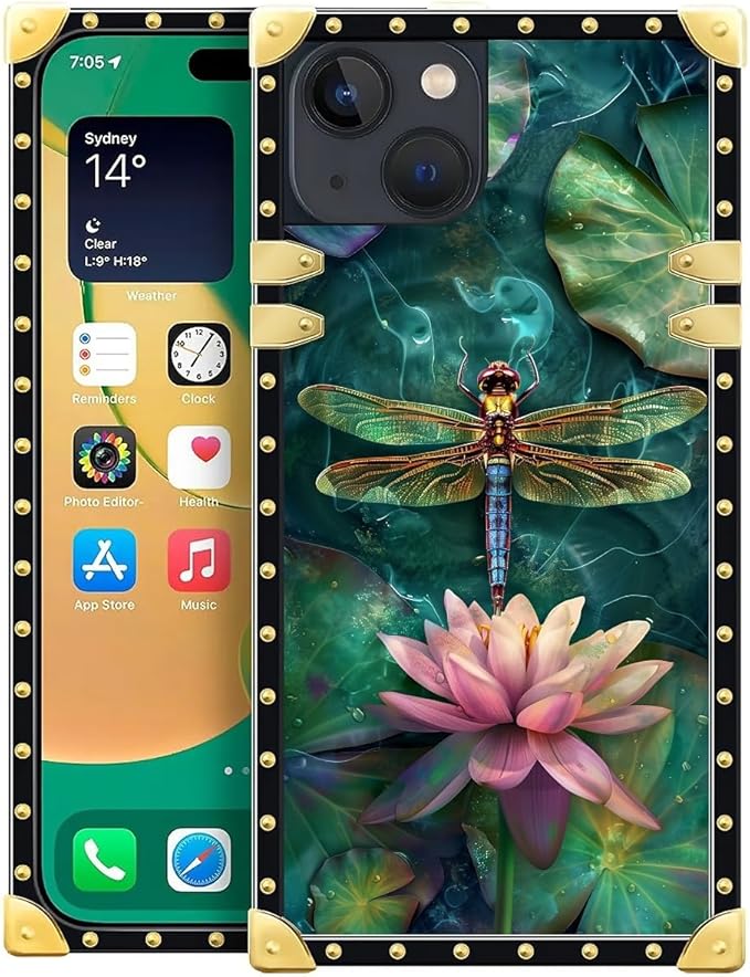 Compatible with iPhone 14 Case, Colourful Dragonfly Pink Lily Pads Luxury Golden Decoration for Girl Women Soft TPU Shockproof Protective Hard PC Back for iPhone 14