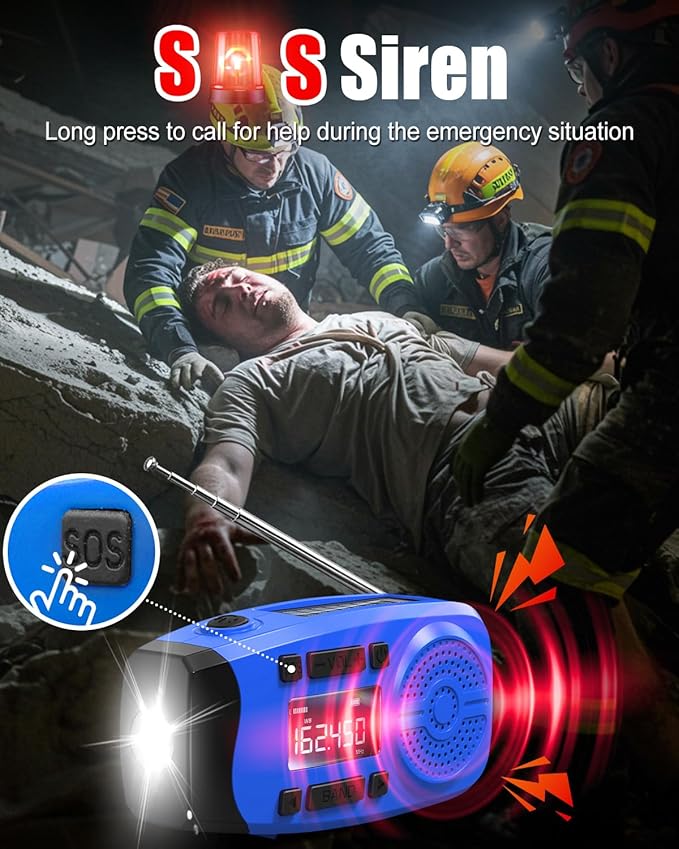 Runningsnail Emergency Weather Radio, 7400mWh Hand Crank Emergency Radio with LCD Display, Support Weather Alert Radio, USB/Solar/Hand Crank,1W Flashlight&SOS Alarm for Outdoor&Home Emergency (Blue)