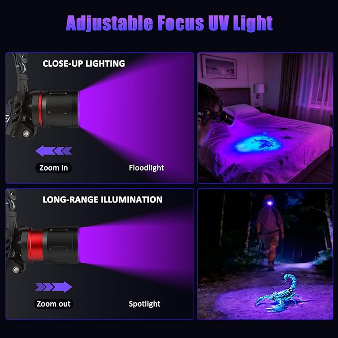WINDFIRE 395nm UV Headlamp – USB Rechargeable Blacklight Headlight with 3 Modes, Zoomable Focus, Hands-Free Ultraviolet Light Headlamp Design for Pet Stains, Scorpions, Fluorescent Minerals