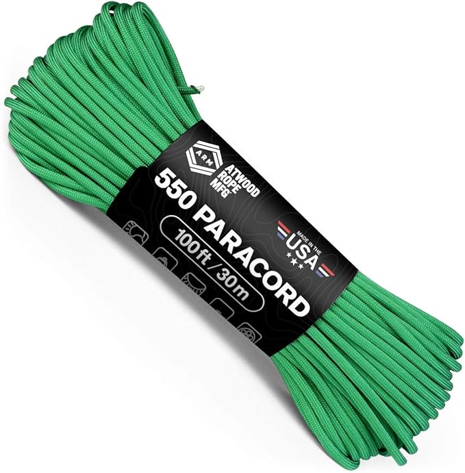 Atwood Rope MFG 550 Paracord 100 Feet 7-Strand Core Nylon Parachute Cord Outside Survival Gear Made in USA | Lanyards, Bracelets, Handle Wraps, Keychain (Green)