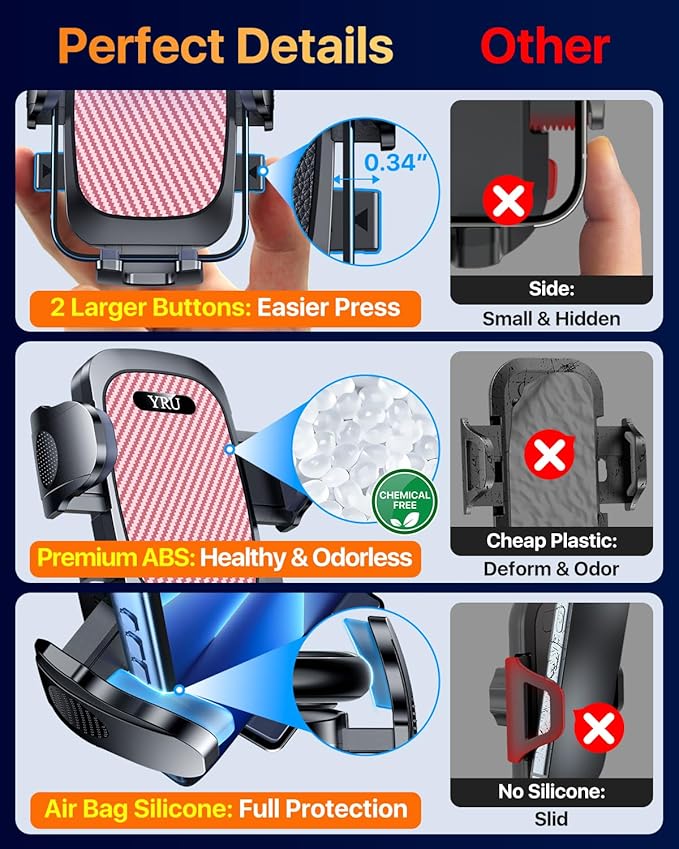 YRU [True Upgrade for Safety Car Phone Holder Mount [Patent & Military-Grade] Dashboard Cell Phone Holder for Car Vent Windshield Phone Stand for iPhone 17 16 15 14 13 Pro Max Truck Samsung, Pink