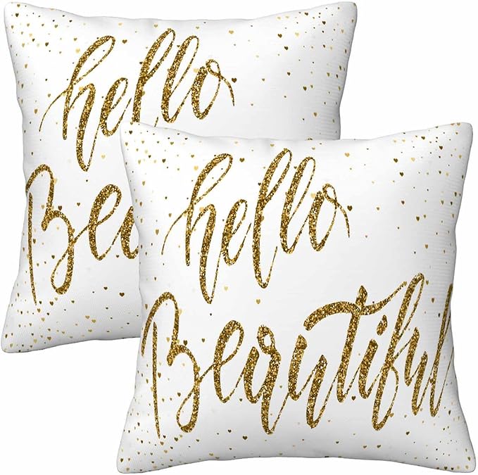 Hello Beautiful Bling Pillow Covers 18 X 18 Gold Glitter Motivational Quote Set of 2 Pillow Cases Square Velvet Outdoor Throw Cushion Pillowcases Decorative for Home Bed Sofa Couch Hotel