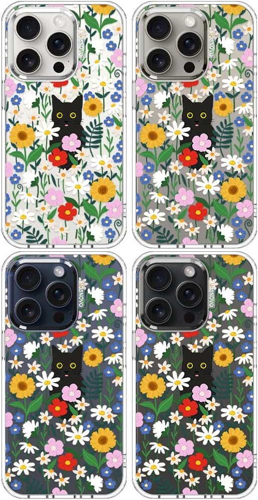 MOSNOVO Case for iPhone 15 Pro, [Buffertech 6.6ft Military-Grade Drop Protection] [Anti Peel Off Tech] Clear TPU Bumper Phone Case Cover Design - Black Cat in Garden