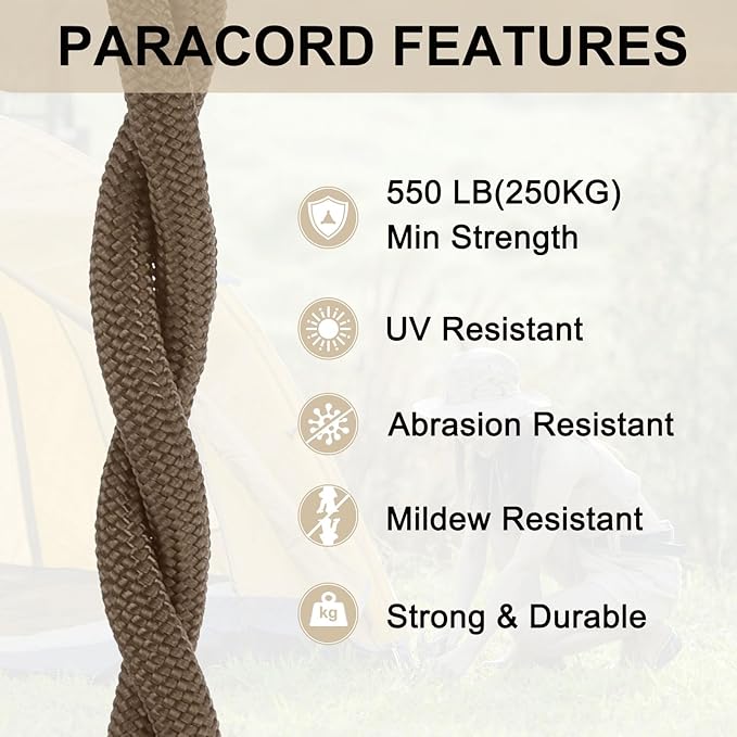 550 Paracord Rope 10ft, 4mm Thin Paracord Nylon Cord 7-Strand Core [for Tent Camping Outdoor Gear] - Brown