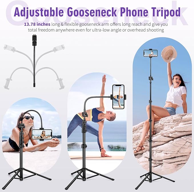 Nineigh 80" Phone Tripod, Selfie Stick Cellphone Tripod, Aluminum Tripods Stand for Video Photo Vlog, Travel Tripods with Gooseneck Remote Phone Holder, Compatible with iPhone Android Smartphone