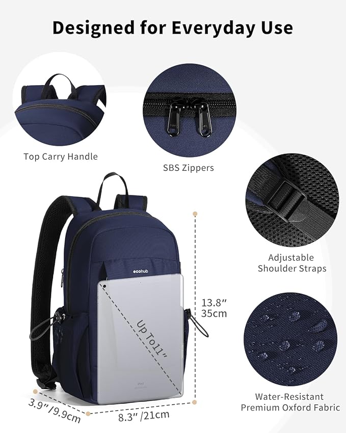 ECOHUB Mini Anti-Theft RFID Backpack for Women and Men, Water-Resistant, Lightweight Travel Daypack with iPad Sleeve, Key Holder, 9 Pockets, Stylish Comfortable, Blue