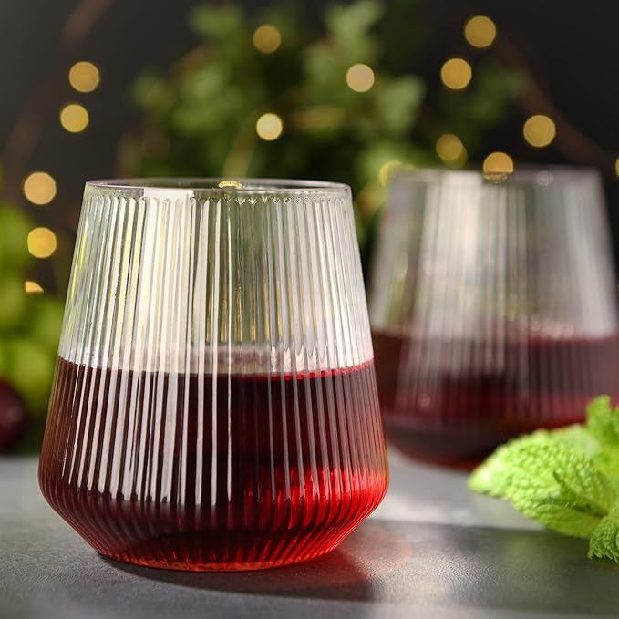 hotder Stemless Wine Glasses Set of 4, 12 oz Tritan Unbreakable, Vertical Design, Dishwasher-Safe, Red Wine Glasses for Home, Party and Outdoors