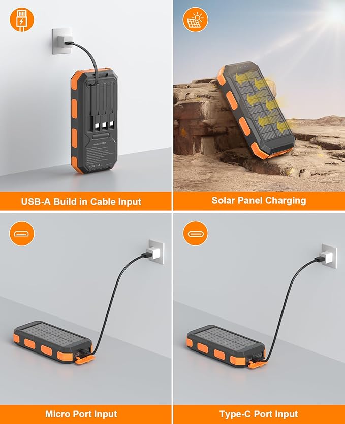 Solar Charger Power Bank 38800mAh, PD 22.5W USB-C Fast Charging Portable Charger with 4 Built-in Cables, External Battery Pack with Dual LED Emergency Flashlights for Camping, Hiking, Outdoor Use