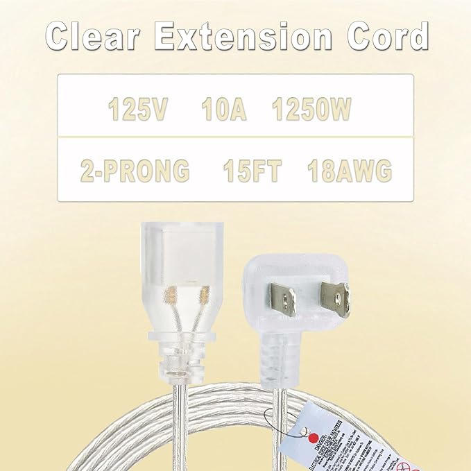 Clear Extension Cord 15 FT, Indoo/Outdoor 2 Prong Extension Cord with Flat Plug, Invisible Slim Extension Cable for Christmas Lights, Lamps & Holiday Lighting (18AWG, 10A/125V)