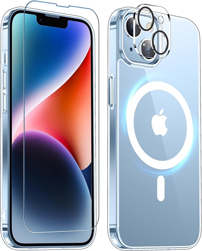 Red2Fire Magnetic for iPhone 14 Plus Case [Compatible with Magsafe][Military Grade Drop Protection][Glass Screen Protector+Camera Lens Protector] Heavy Duty Shockproof Phone Case 6.7" - Clear