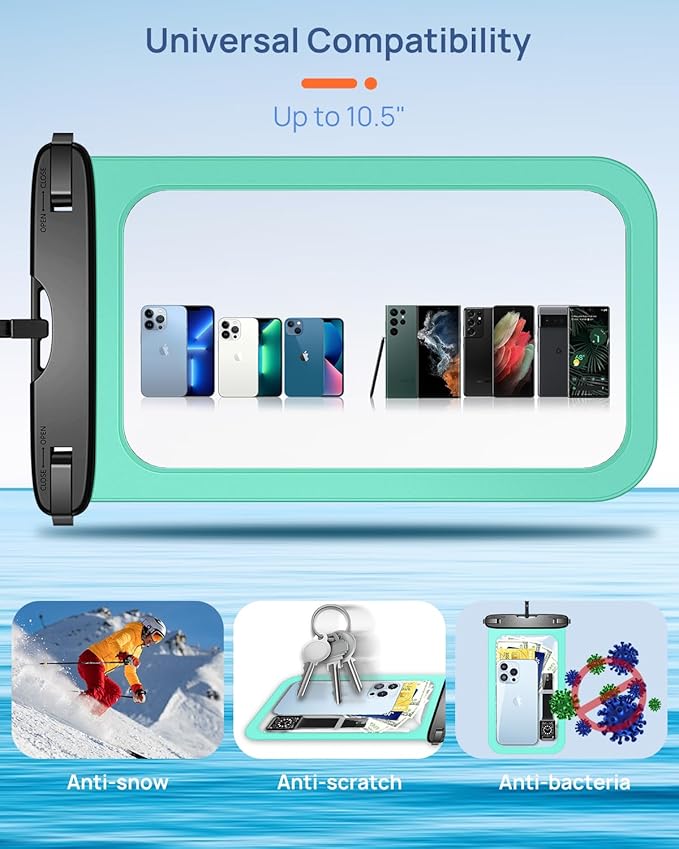 Lanhiem Large Waterproof Phone Pouch [Up to 10.5"] Universal IPX8 Waterproof Dry Bag with Lanyard for iPhone 17 Pro Max /16/15, S25 Ultra/ S24/ S23 Plus/FE, Moto G/Pixel 10 9 8 Pro, Black+Green