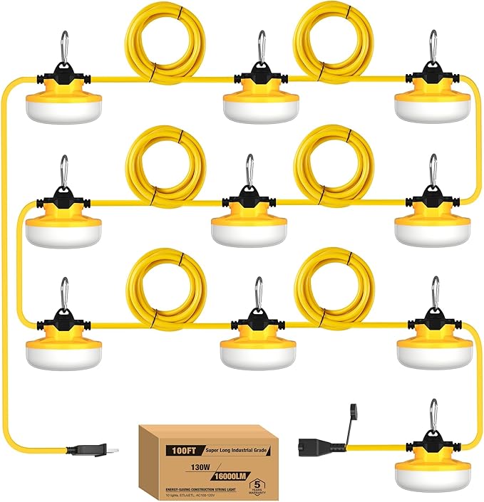 YXL 130W 16000LM Construction String Lights Temp Lighting 100FT Industrial LED Work String Lights, IP65 Waterproof, Super Bright for Construction Sites Temporary Work Jobsites Outdoor Lighting