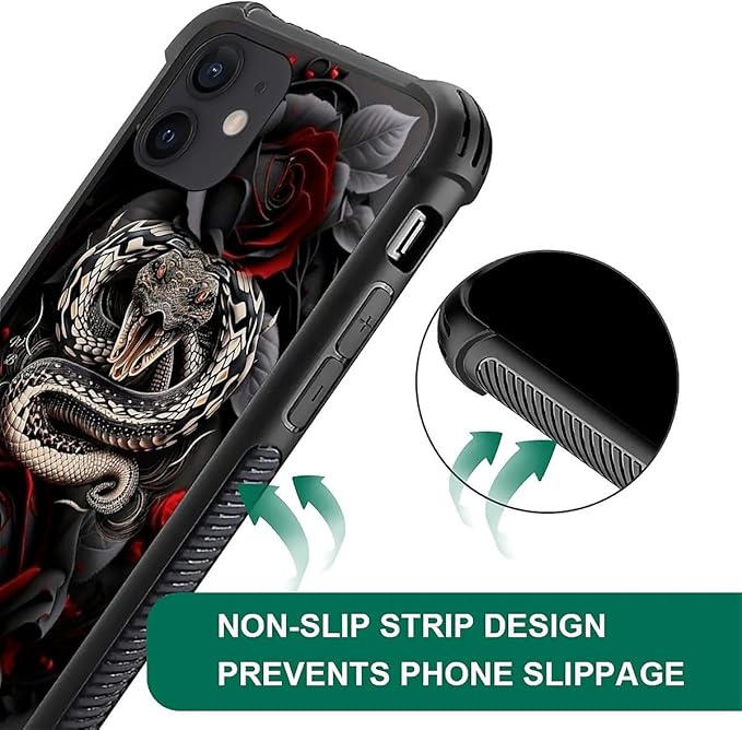 for iPhone 12/12 Pro Case, Entwined Rose Snake Pattern Graphic Design Girl Boy Soft Silicone Hard Acrylic Shock Protection for iPhone 12/12 Pro