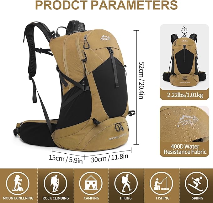 IX INOXTO Hiking Backpack, 26L/40L Waterproof Hiking Daypack with 3L Water Bladder and Rain Cover, Lightweight Travel Camping Backpack for Men Women (Khaki)