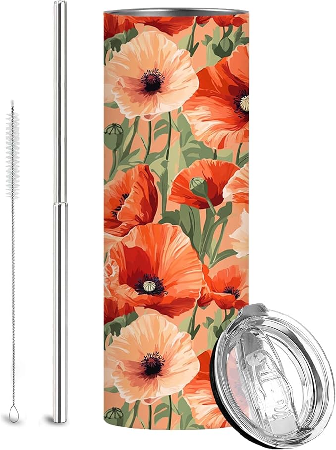 Firmiso 20 oz Tumbler | Skinny Insulated Travel Mug with Leak-proof Lid and Telescopic Straw | Poppy Floral Stainless Steel Coffee Cup for Hot & Cold Drinks | Christmas Gifts for Women and Men