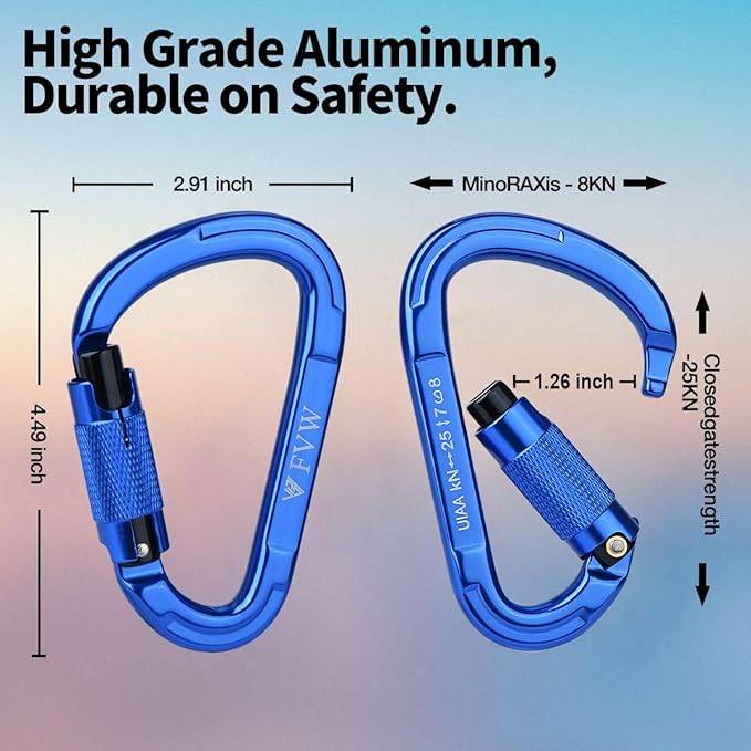 FVW Auto Locking Rock Climbing Carabiner Clips,Professional 25KN (5620 lbs) Heavy Duty Caribeaners for Rappelling Swing Rescue & Gym etc, Large D-Shaped Carabiners