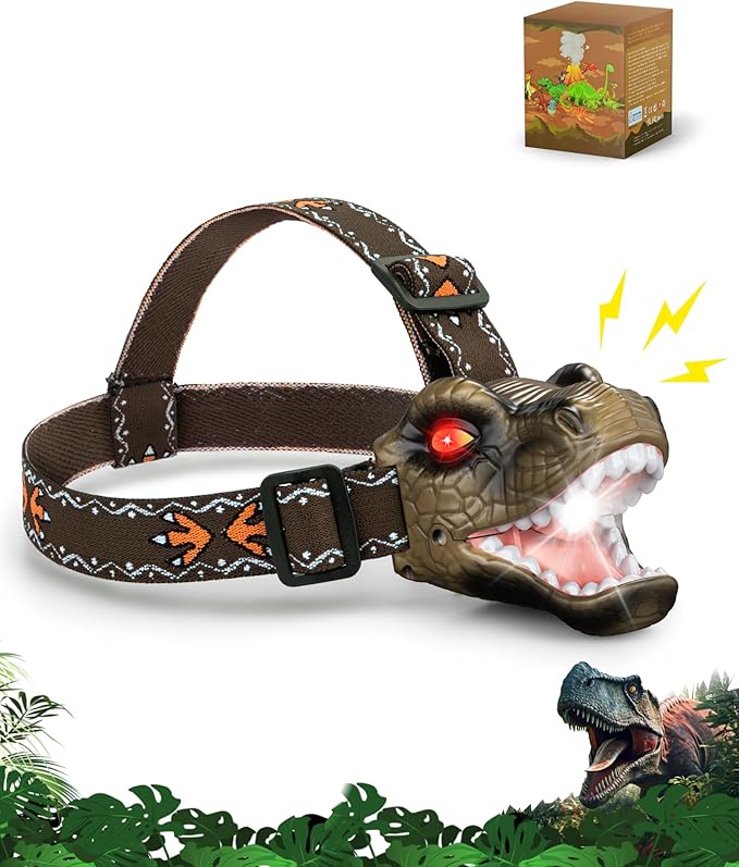 LED Dinosaur Headlamp for Kids, Children's Toy Flashlight T-Rex Dinosaur Toys for Age 3 4 5 6 7 8 9 Years Old Kids, Camping Hiking Gear for Boys(Brown)
