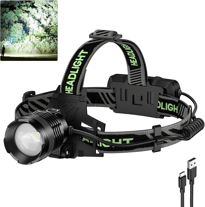 1Pack Rechargeable Headlamp Super Bright, 99000 Lumens LED Head Lamp with 3 Modes, 90°Angle & Adjustable Focus Head Lights for Forehead, IPX6 Waterproof HeadLamps for Adults Camping Hiking
