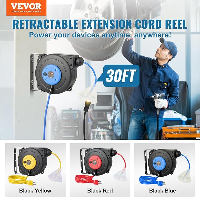 VEVOR Retractable Extension Cord Reel, 30 FT, Heavy Duty 16AWG/3C SJTOW Retractable Power Cord Reel with Lighted Triple Tap Outlet 10 Amp Circuit Breaker, for Ceiling or Wall Mount, Blue