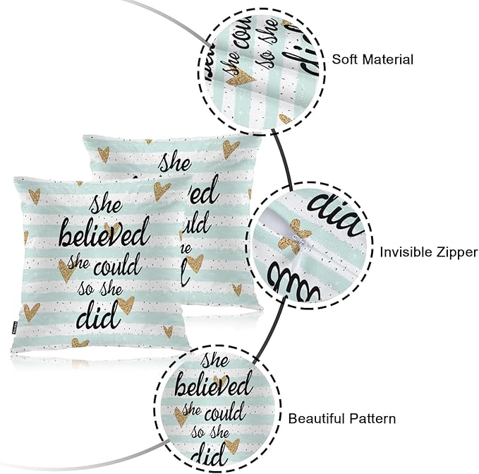 Swono Motivational Quote Pack of 2 Decorative Throw Pillow Covers Cushion Covers, She Believed She Could So She Did Couch Pillow Case Boho Cushion Pillowcase for Bedroom Sofa Living Room 18X18 Inch