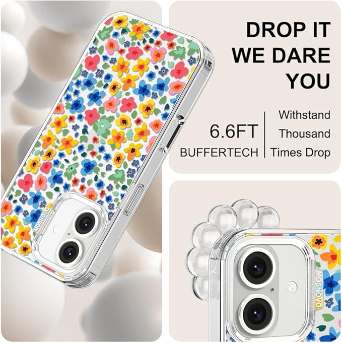 MOSNOVO Case for iPhone 16, [Buffertech 6.6ft Military-Grade Drop Protection] [Anti Peel Off Tech] Clear TPU Bumper Phone Case Cover Design - Little Flowers
