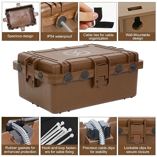 Waterproof Electrical Box, Large Outdoor Extension Cord Covers Waterproof, 8 Cable Seal Entry Weatherproof, IP54 Protect Power Strip, Timer Outlet Plug, Socket, Holiday Light Decoration (Brown)