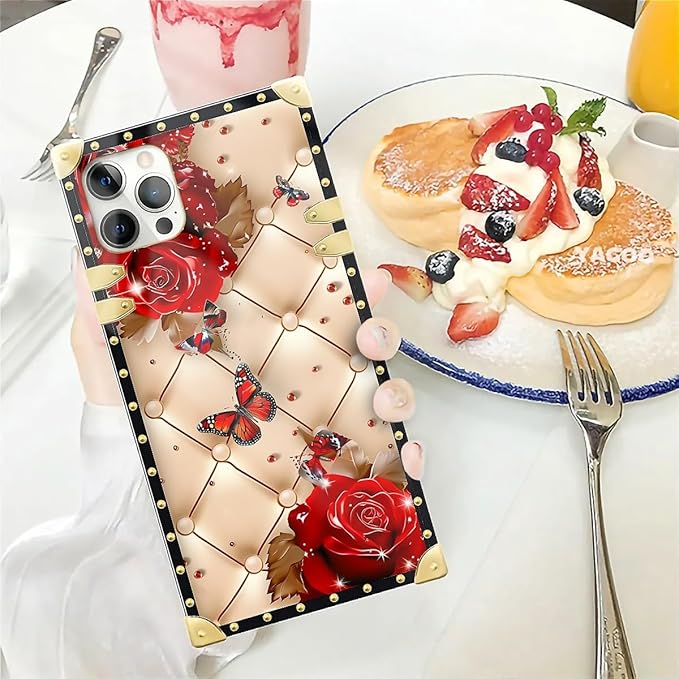 Compatible with iPhone 12 12 Pro Case, Shining Red Rose Butterfly Leather Background Luxury Golden Decoration for Girl Women Soft TPU Shockproof Protective Hard PC Back
