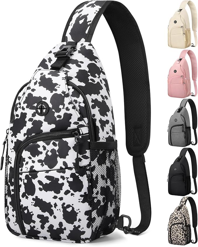 Pritent Crossbody Bags for Women Man Waterproof Sling Bag Backpack Trendy Casual Cross Body Bag with Convertible Shoulder Strap Chest Bag for Camping Hiking Travel Essentials (Cow print, Medium )